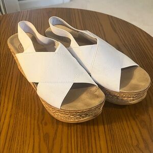 Charleston Shoe Company White Wedge Sandals with Tan Sole